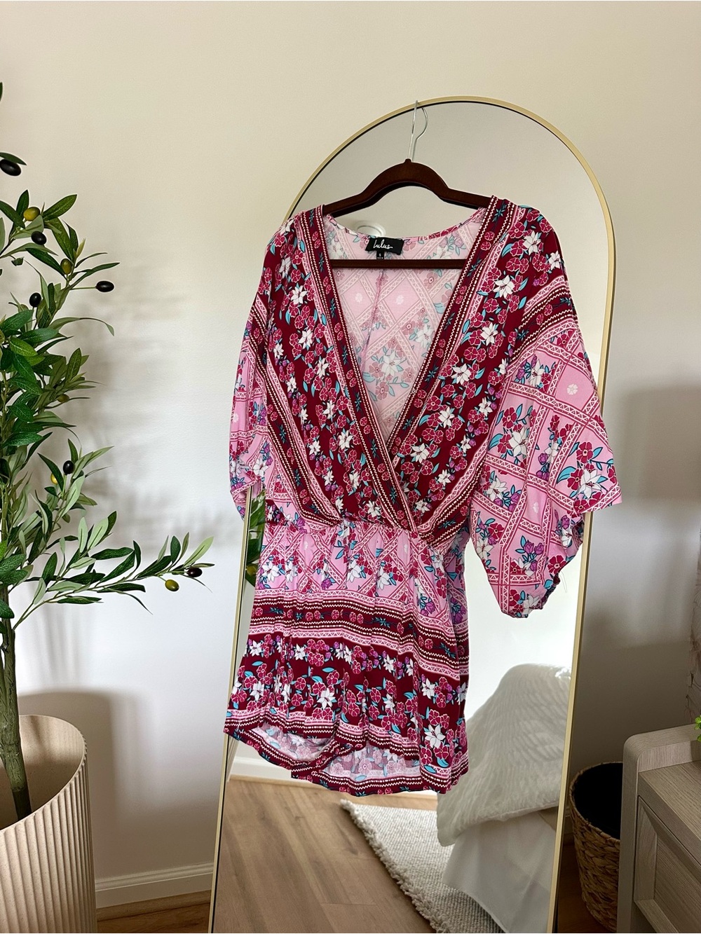 Lulu's Pink Floral Print Romper with Teal Accents